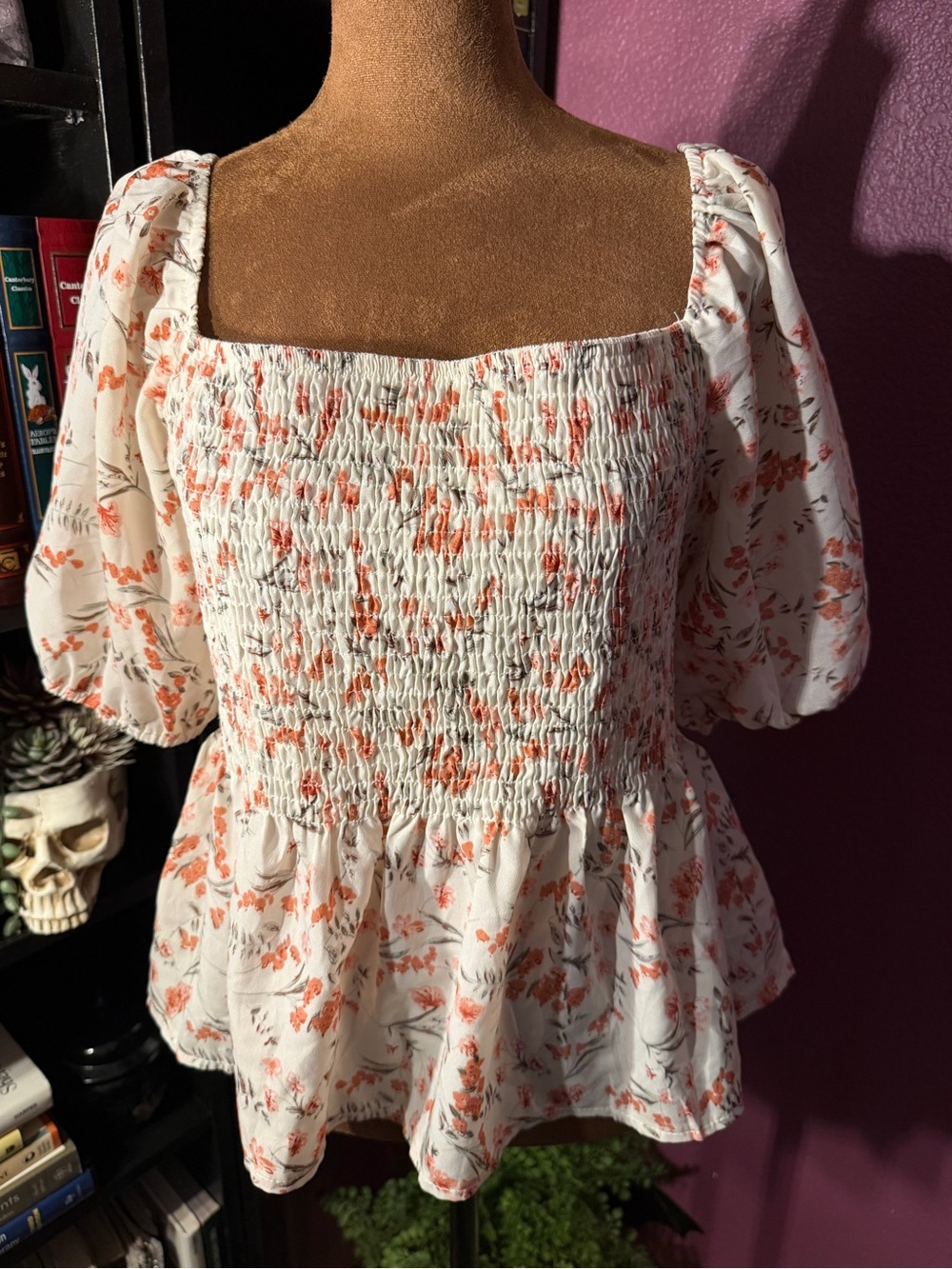 Women's White Smocked Peplum Top with Coral Floral Print milkmaid style